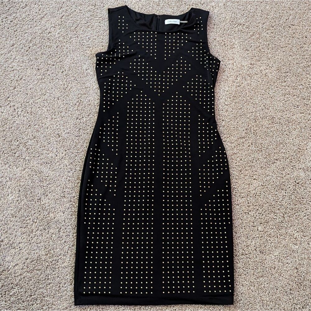 Calvin Klein Dress Womens S* Black Gold Studs Sleeveless Bodycon Sheath Stretch